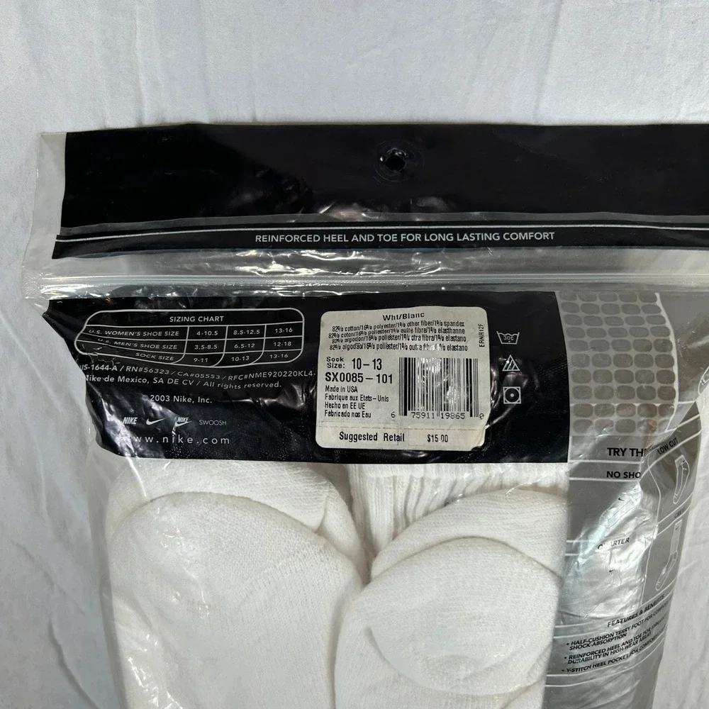 VTG Y2K 2003 USA Nike Crew Socks 6 Pair White Cotton Blend Mens 6.5-12 NEW